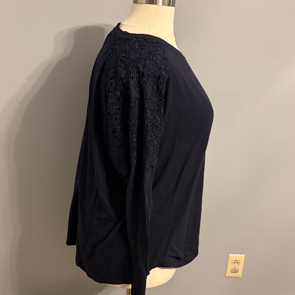 Lane Bryant Black Crew Neck Long Sleeve Sweater with Lace Shoulders - Picture 4 of 7